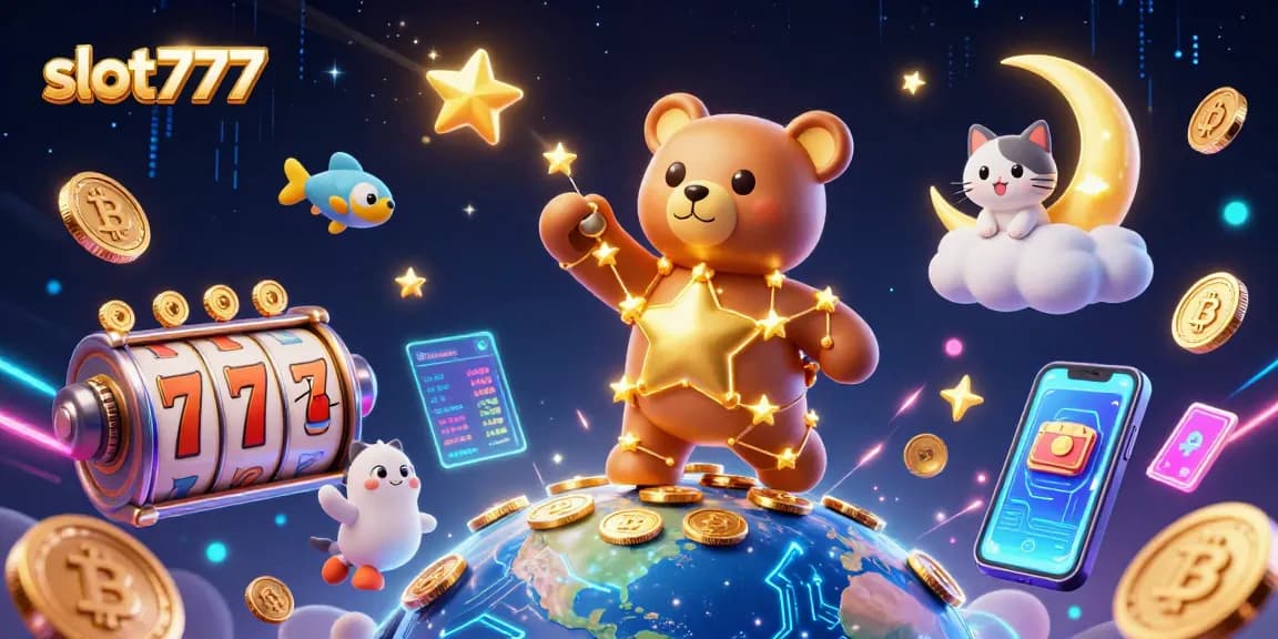 Experience vibrant slot777 excitement with an illustration of a constellation bear and celestial companions.