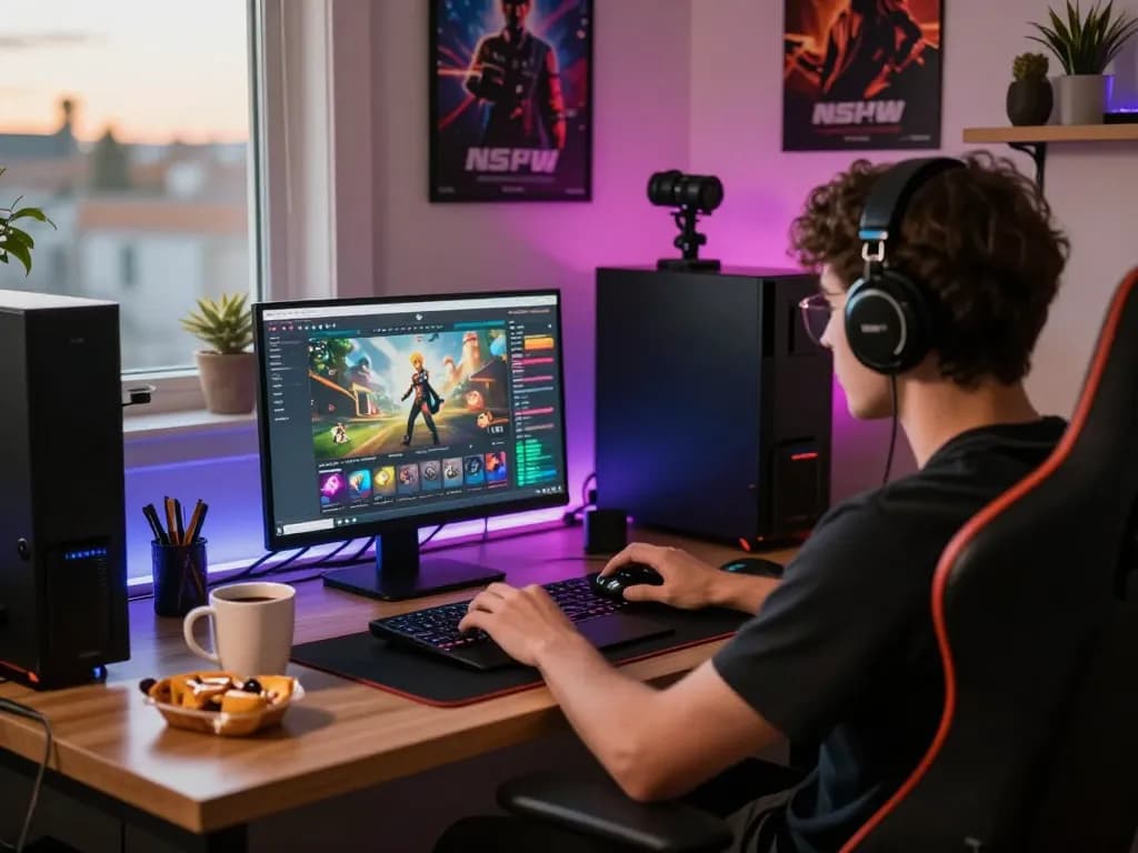 Engaged user enjoying NSFW games on a laptop in a modern gaming setup with snacks.