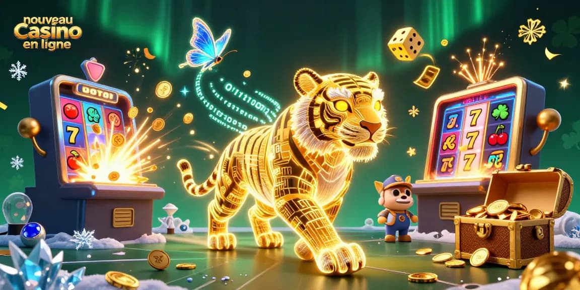 Jouer au nouveau casino en ligne avec un tigre lumineux dans un paysage de jeu digital.