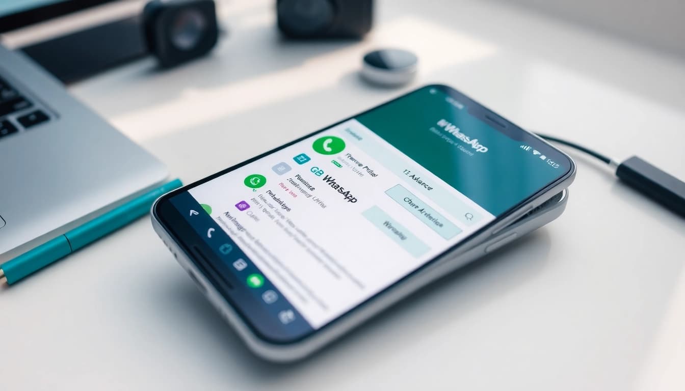 GB WhatsApp interface displayed on a smartphone, showcasing features like themes and privacy options.