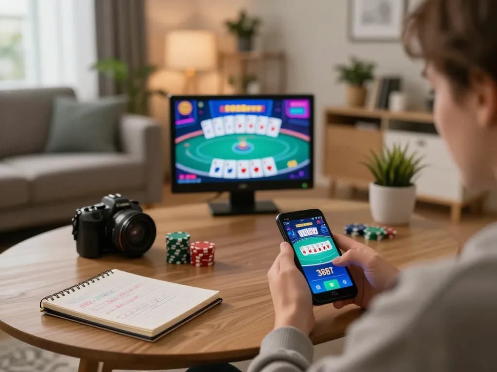 Person using the 388bet app for online poker in a cozy home setting, capturing the gaming experience