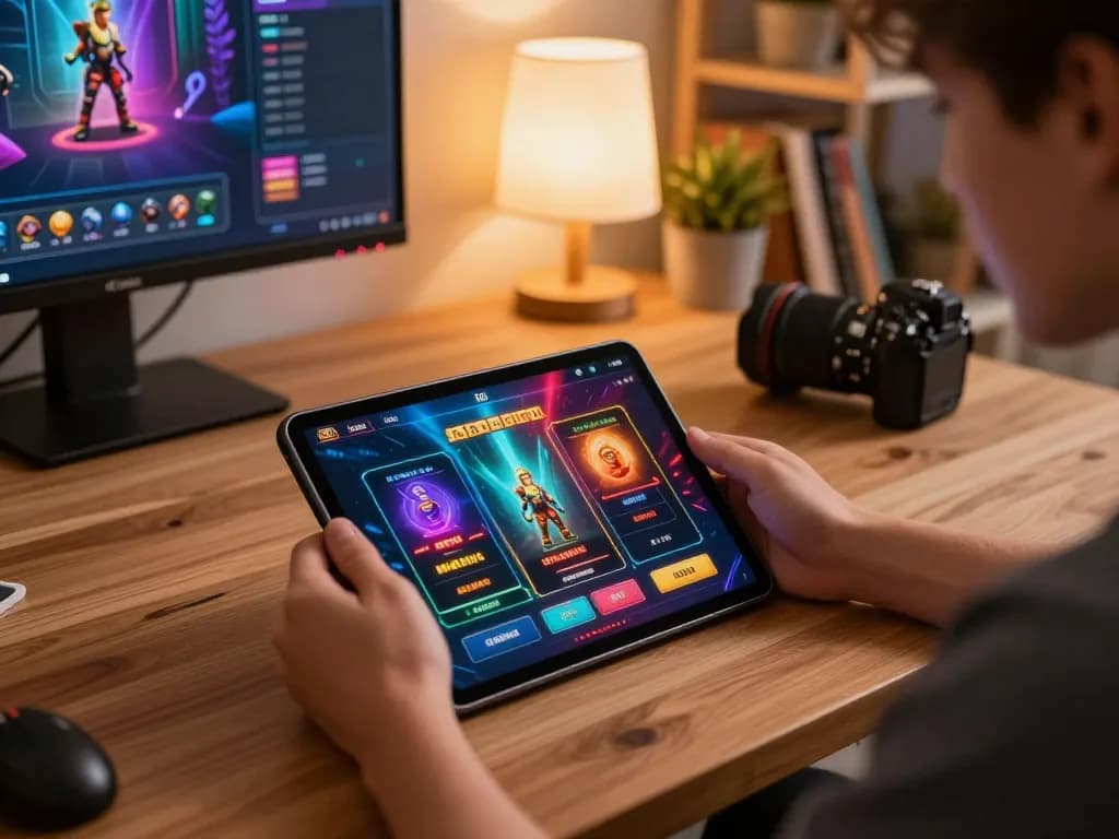 Permainan yang menarik di tablet menunjukkan opsi link slot, menyoroti kegembiraan perjudian online.
