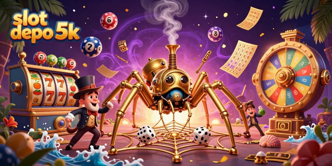 Experience the excitement of slot depo 5k with vibrant visuals of spinning reels and colorful lottery balls.