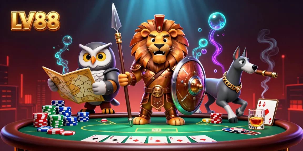 Join the LV88 casino adventure with a heroic lion, owl strategist, and greyhound messenger in a vibrant scene.