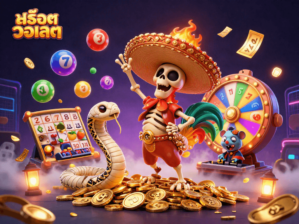 Engage with สล็อตวอเลท in an exciting 3D gaming experience featuring vibrant characters, slot reels, and colorful lottery elements.