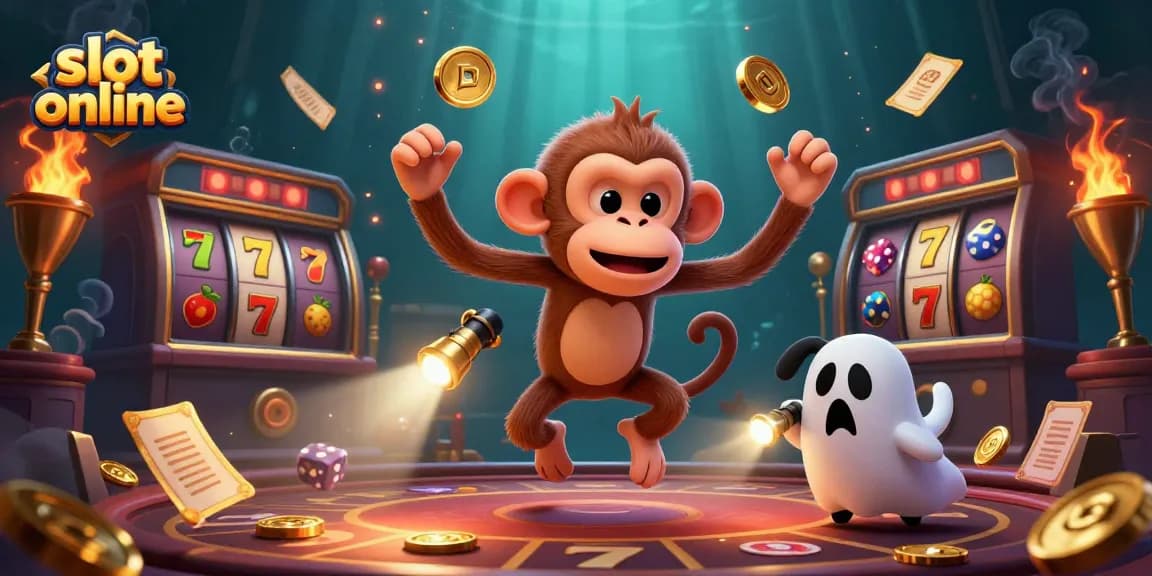 Engage with slot online excitement featuring a mischievous poltergeist monkey and a curious puppy in a dynamic casino scene.
