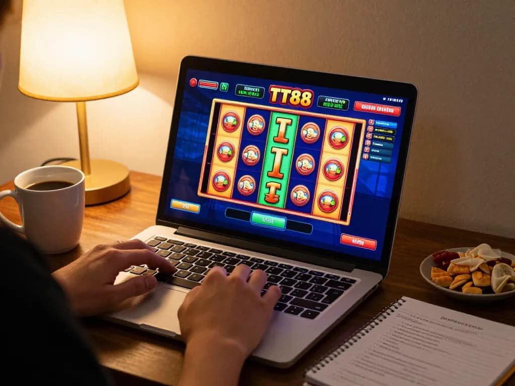 Engaging TT88 online casino gameplay scene with a user enjoying slots on a laptop