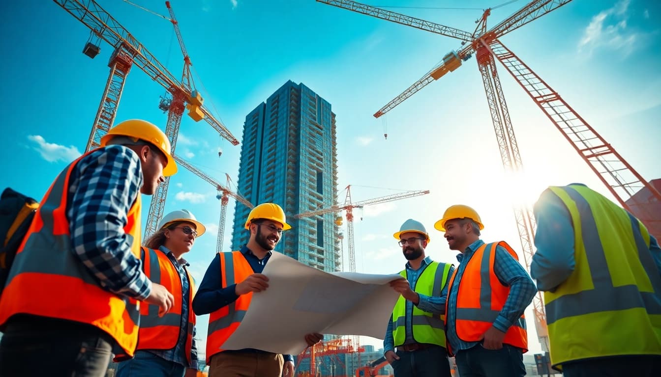 Construction association teamwork on-site, featuring workers engaging with blueprints and heavy machinery.