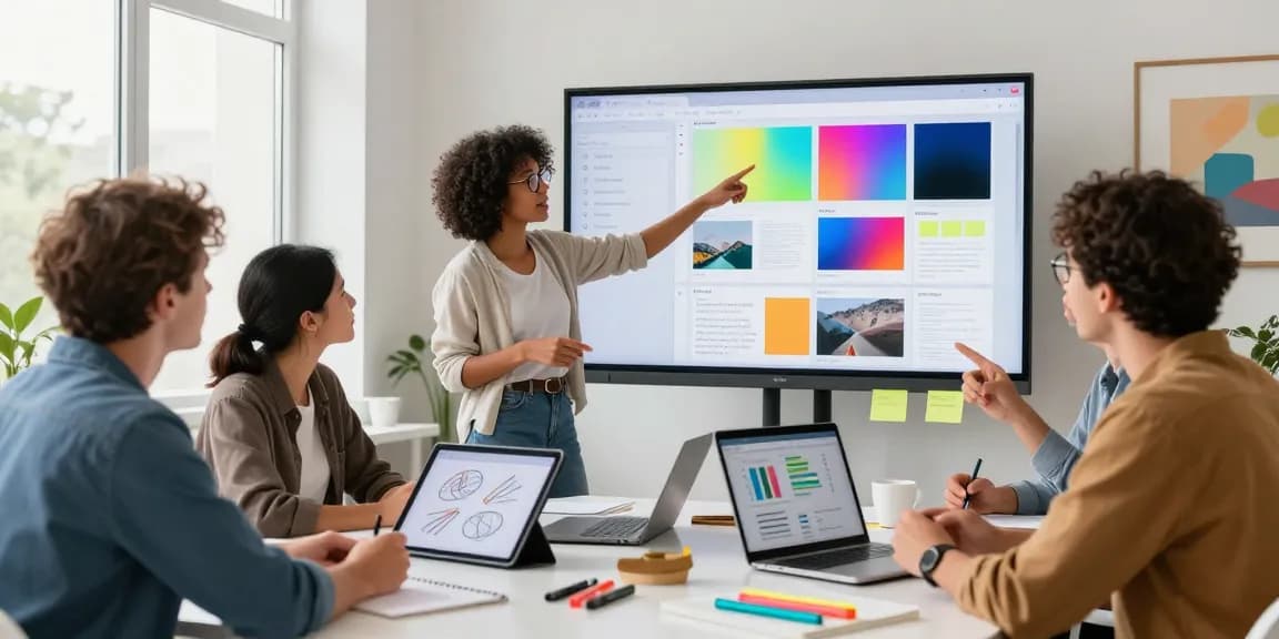 Creative professionals using mixboard ai in a bright, modern workspace for brainstorming and collaboration.