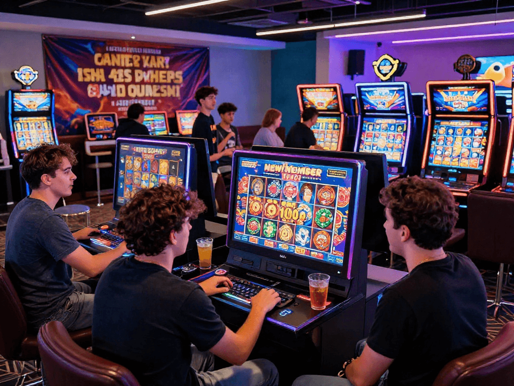 Exciting scene of players enjoying the slot bonus new member 100 in a lively online casino.