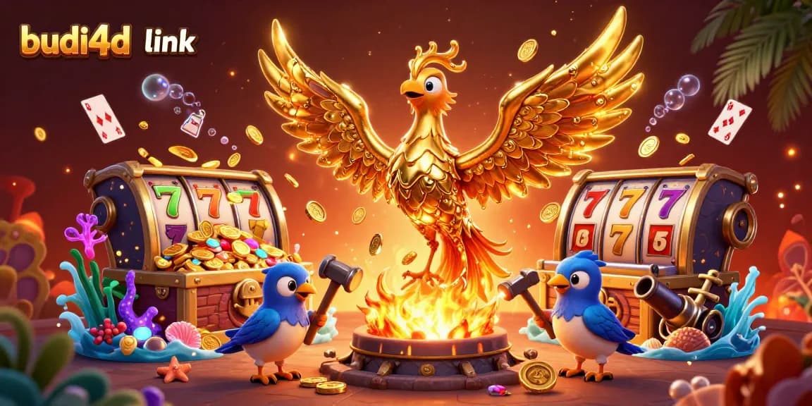 Budi4d link showcases a phoenix and sparrows in a vibrant, gold-rich casino scene.