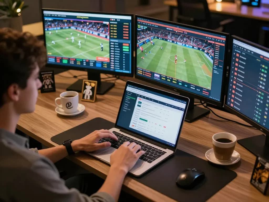 Engaged bettor using cm88 com on a laptop in a vibrant sports betting setup.