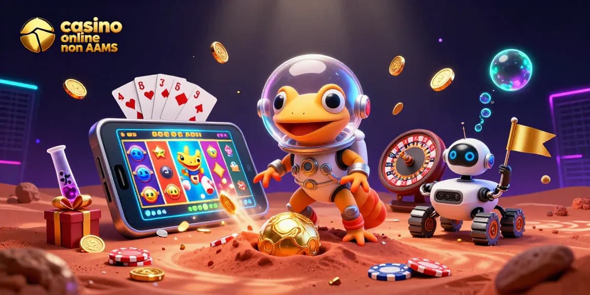 Scopri il casino online non AAMS in modo unico, tra elementi futuristici e un gecko marziano.