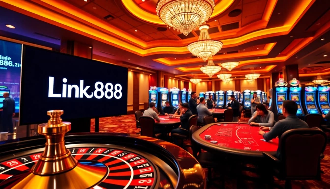 Experience the excitement of gambling with Link U888, showcasing an engaging casino scene filled with poker chips and roulette.