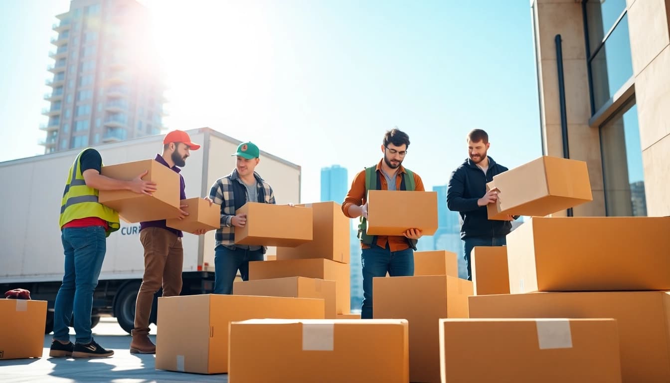 Movers efficiently handling moving services edmonton with care in a bright urban environment.
