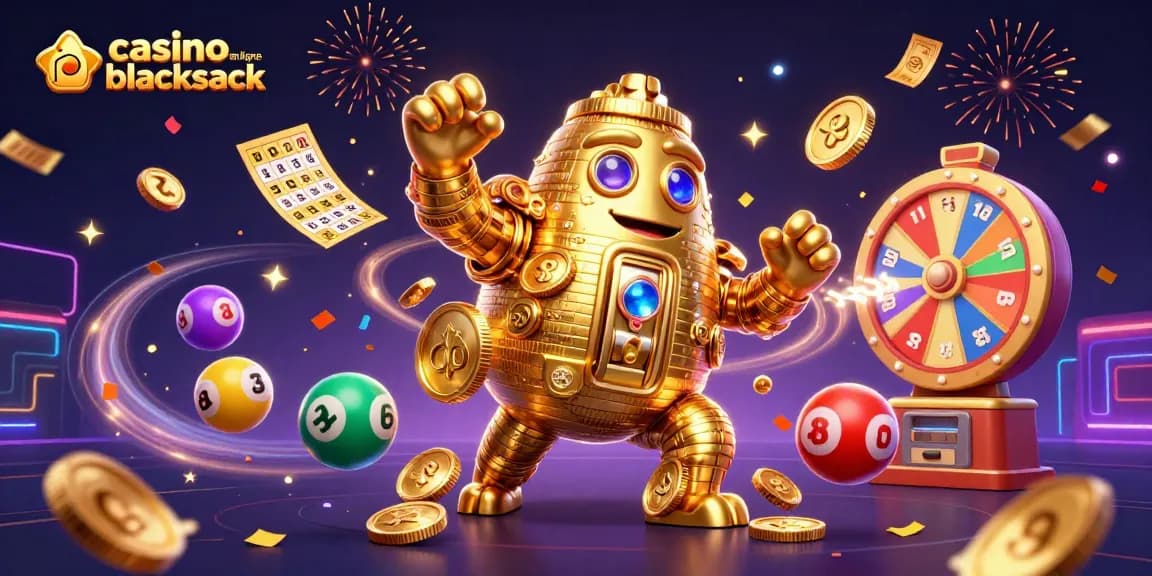 Jouez au casino en ligne blackjack avec ce golem animé fait de pièces d'or, entouré de ballons colorés et de tickets dorés.