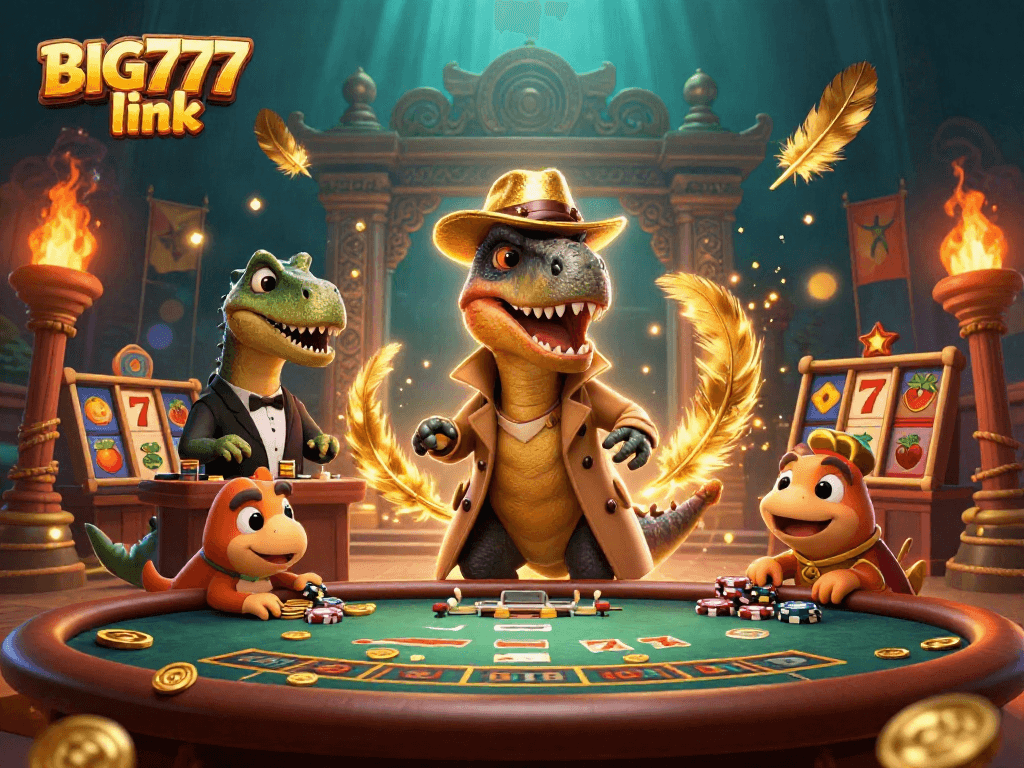 Engage with the exciting BIG777 link as a velociraptor gambles at a lively blackjack table.