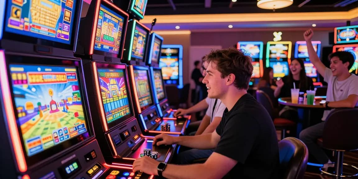 Excited player at a slot machine in a lively casino environment.