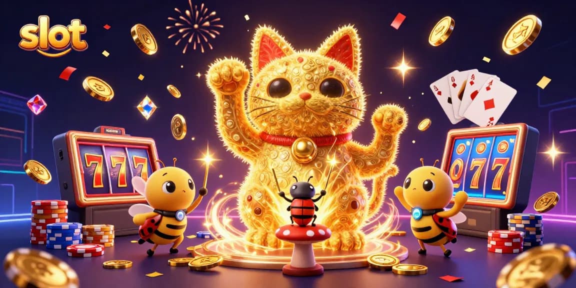 Mesin slot yang berputar dengan simbol keberuntungan dan koin emas yang melayang.