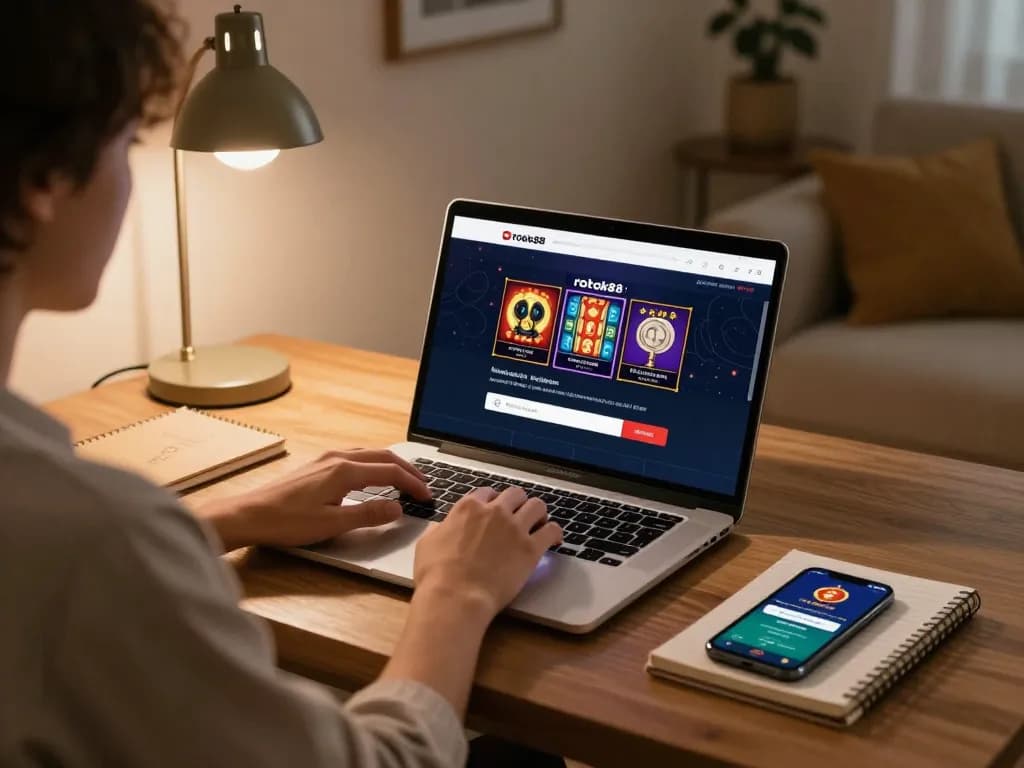 rokok88 login displayed on a laptop during online casino gaming with a cozy home setting.