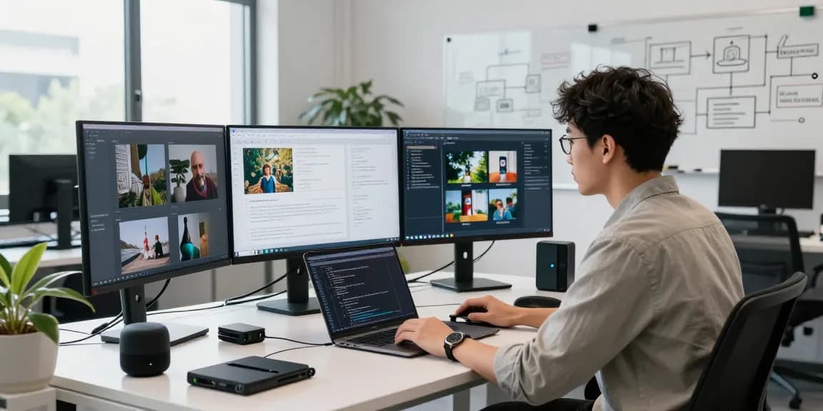 AI detector analysis in a modern workspace with screens showing results and detailed data.