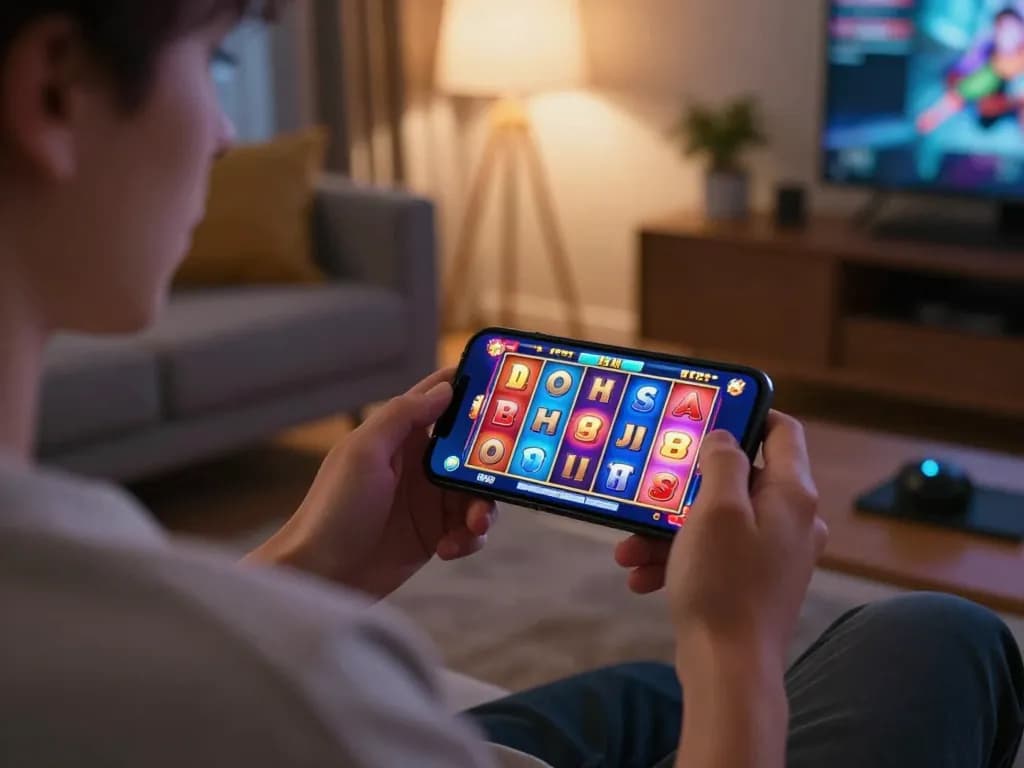 Player spinning the slot reels on a smartphone for online gaming in a cozy home