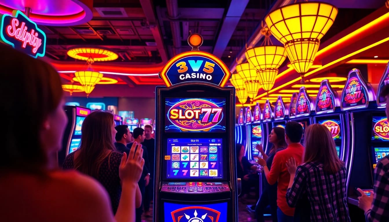 Slot77 game machine attracting players in an energetic casino environment.