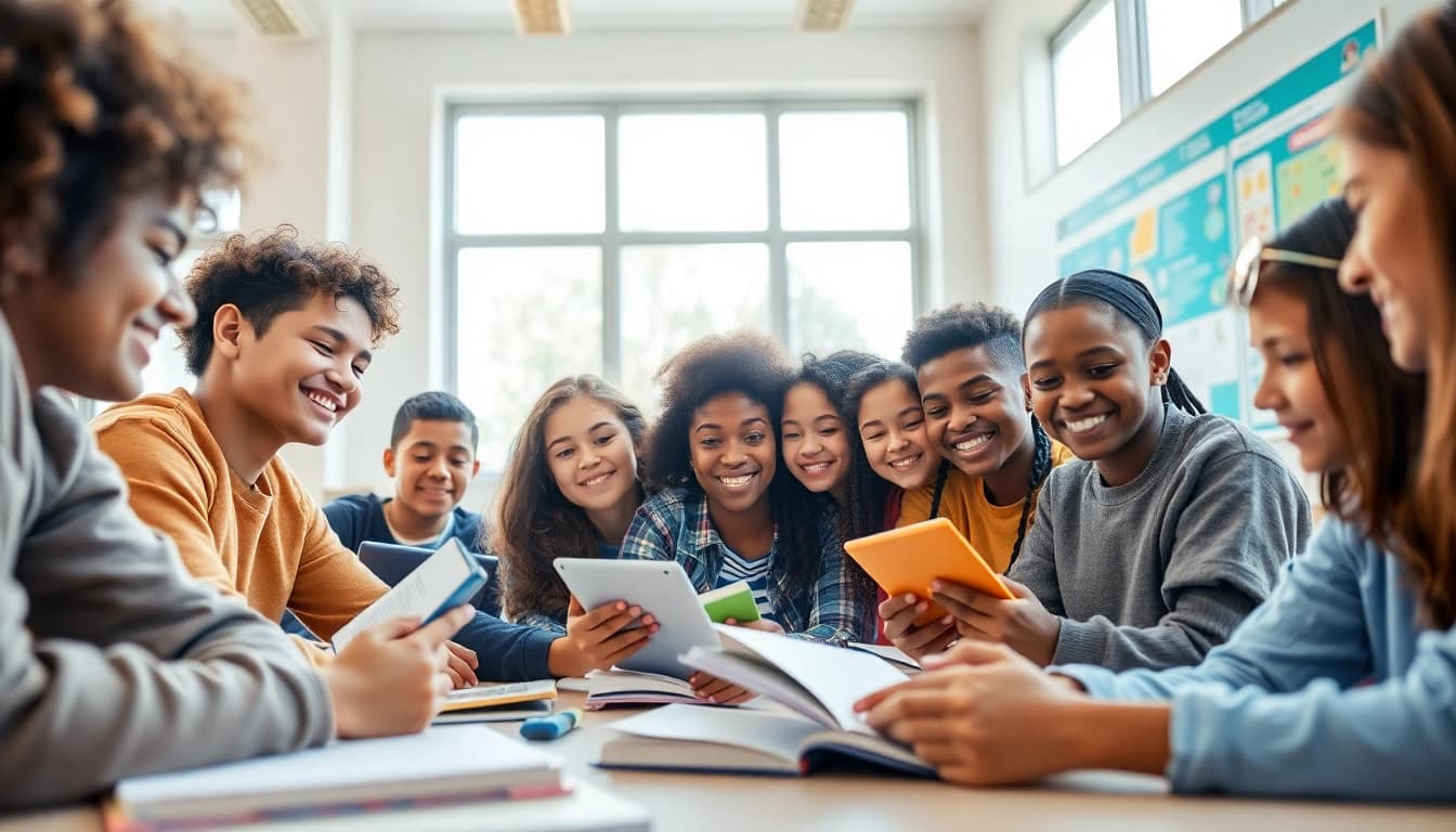 Education-focused classroom with diverse students collaborating and learning together.