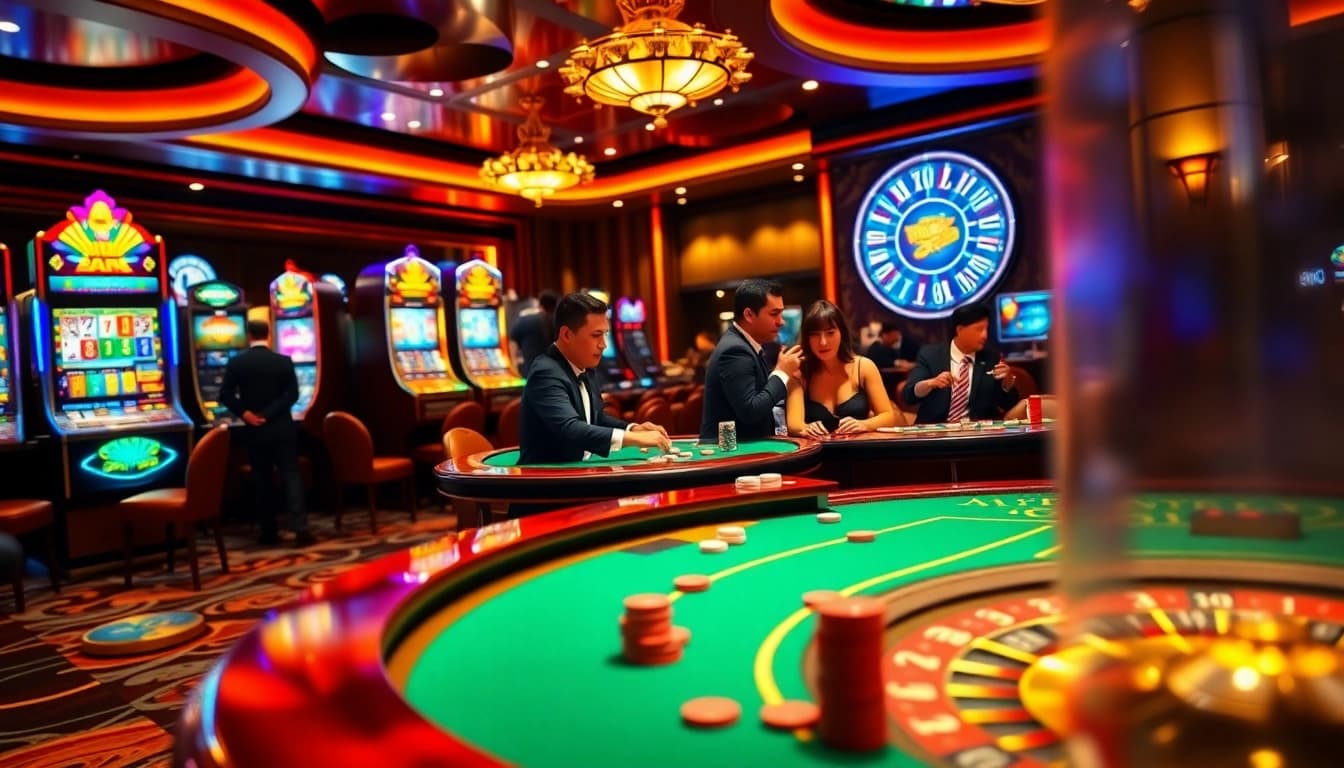 Vivez l'excitation à la meilleure casino en ligne avec des joueurs autour d'une table de blackjack animée et d'une roulette en train de tourner.