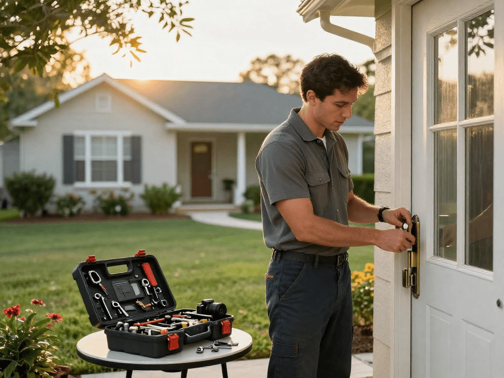 Rekey locks Port St. Lucie, locksmith rekeying a residential front door in a warm neighborhood atmosphere.