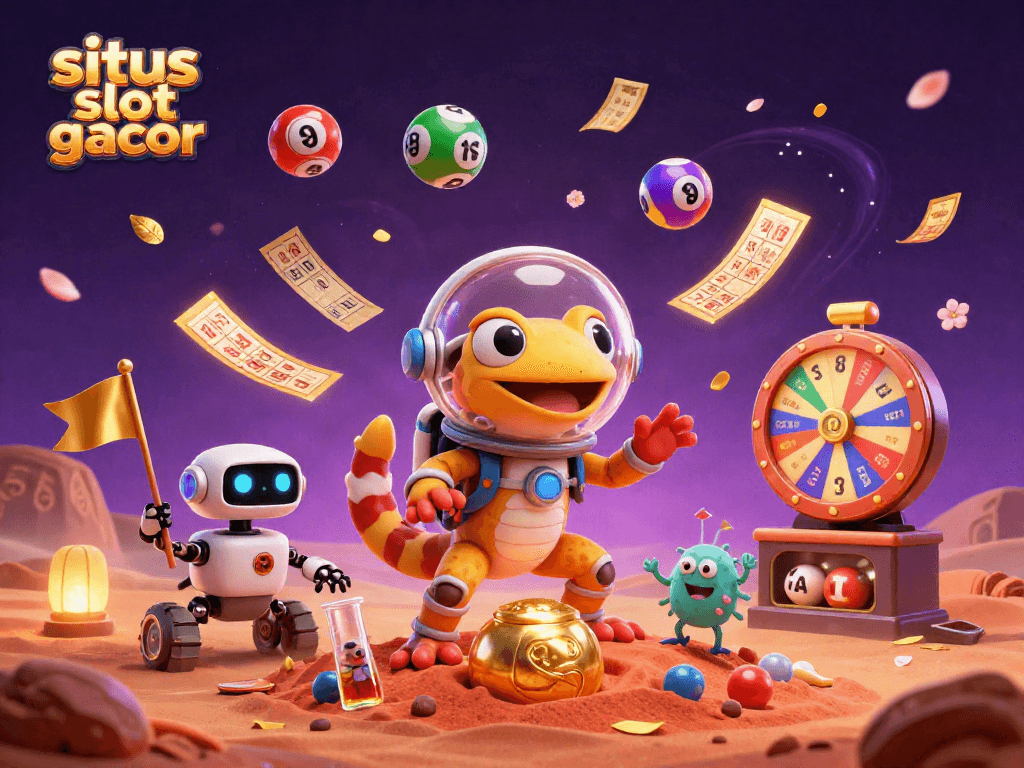 Situs slot gacor showcases a Martian gecko and robot at a vibrant alien casino, surrounded by lively game elements.