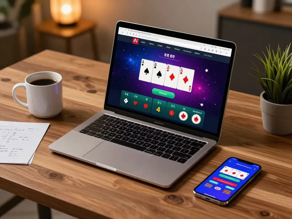 Kubet player engaging in online poker with a stylish laptop setup and strategic notes nearby.
