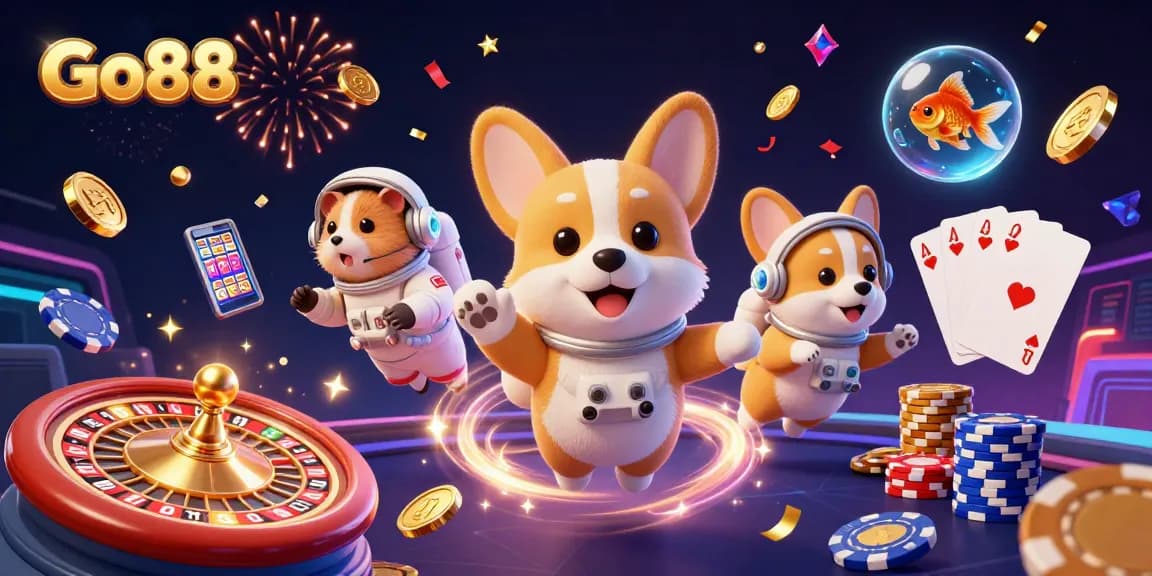 Go88 engages players with vibrant casino-themed illustrations in an immersive 3D environment.