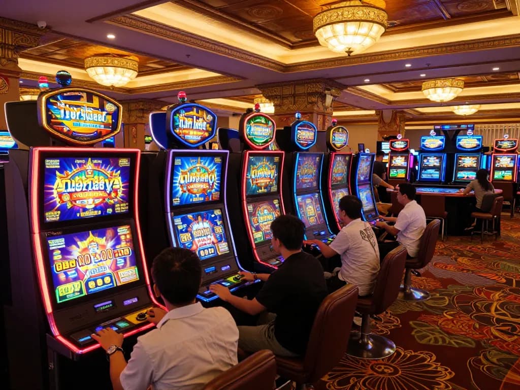 Engaged players experiencing slot Thailand games with vibrant machines and lively ambiance