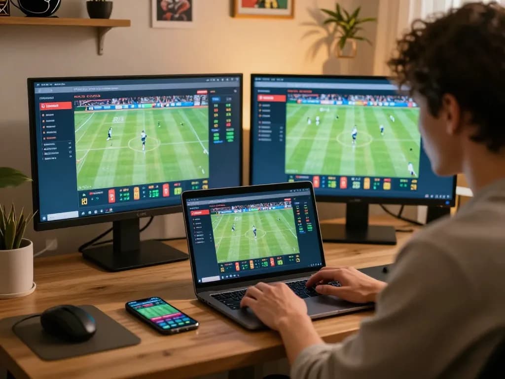 Engaged bettor using g28-t1 laptop for online sports betting with live odds.