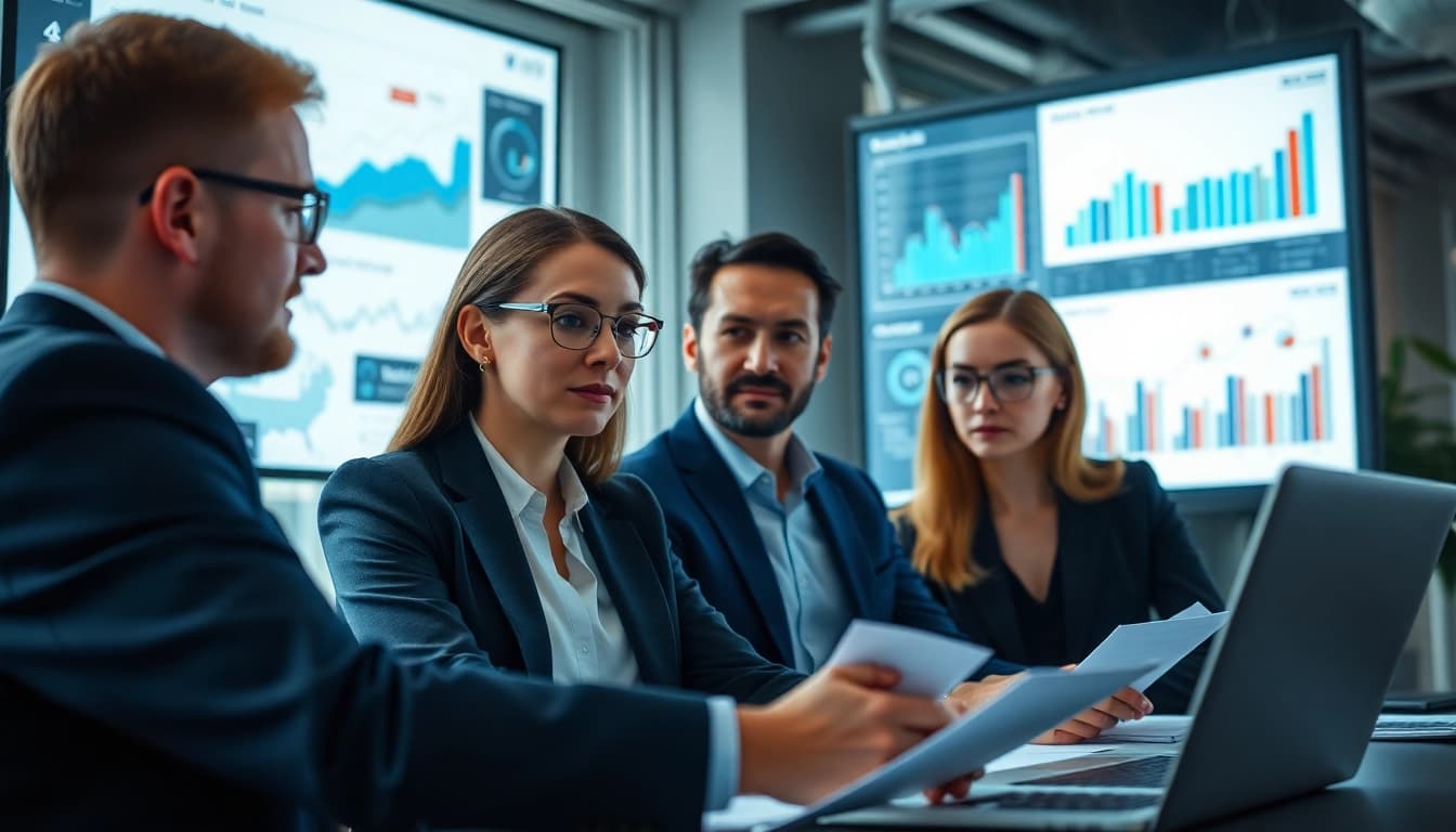 Business professionals discussing b2b competitive intelligence insights in a modern office.