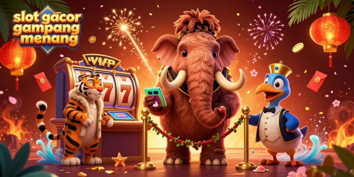 Visualisasi slot gacor gampang menang dengan karakter menarik dalam suasana kasino yang meriah.