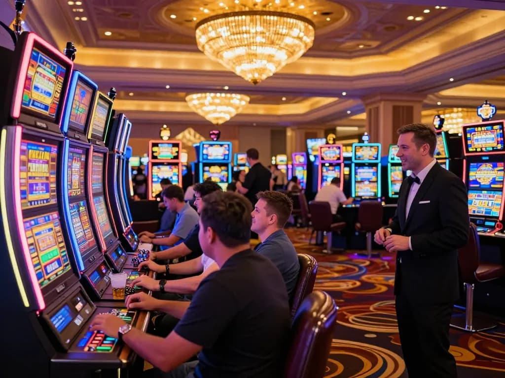 Players engaging with link slot machines in a lively Las Vegas casino.