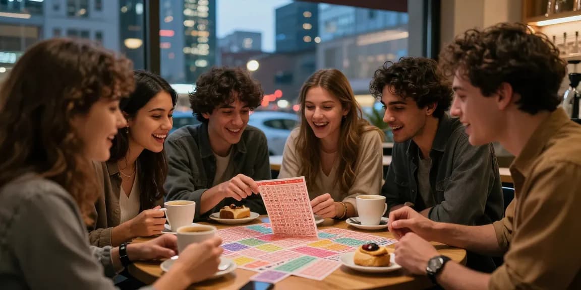 Diskusi bahagia tentang syair menang di kafe, dengan tiket togel dan kopi di meja.