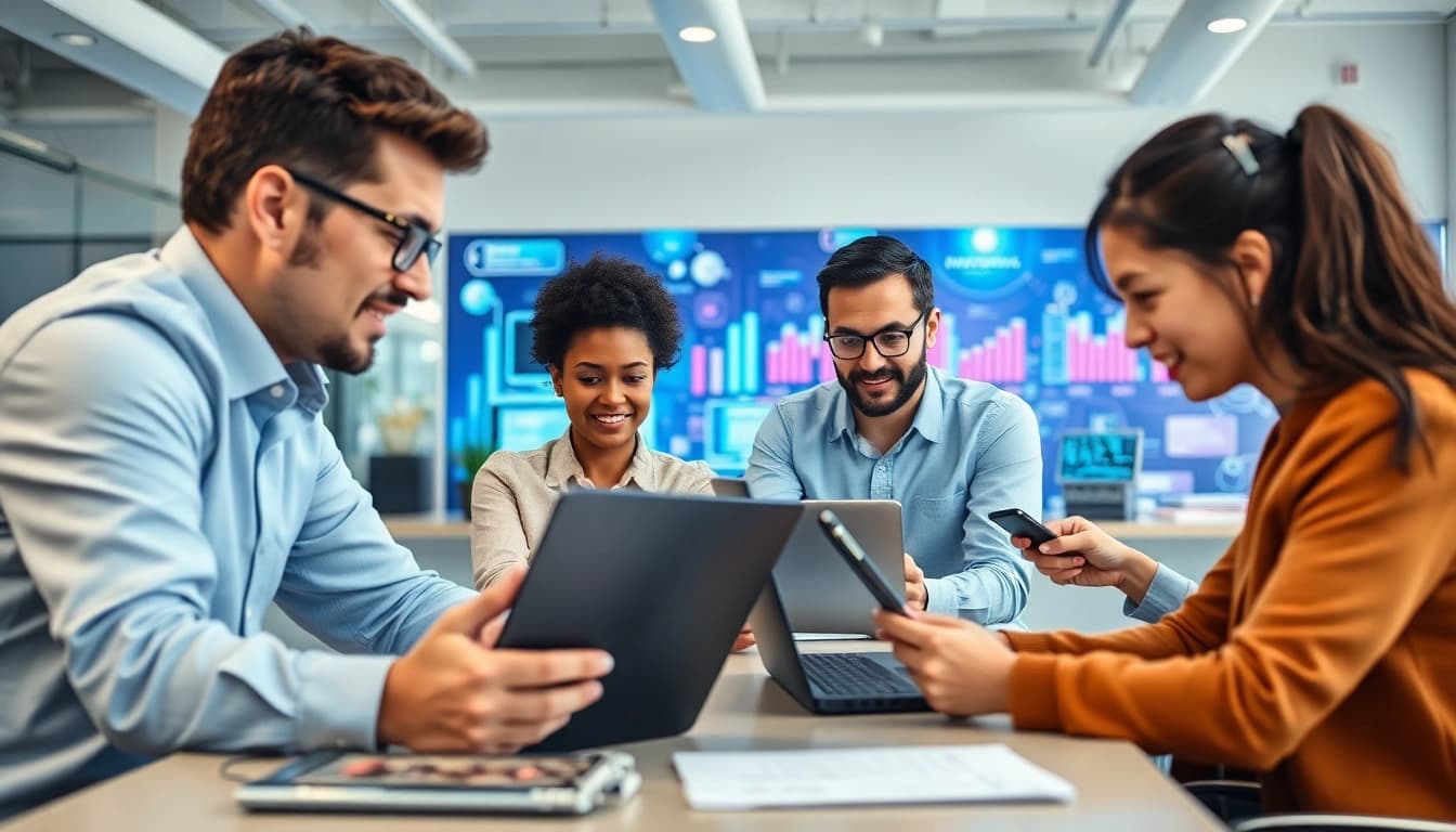Managed IT services near me team collaborating in a modern office setting with technology.