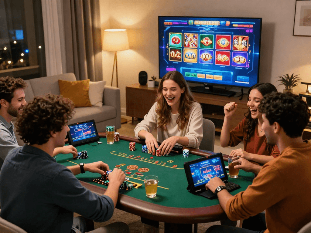 Friends enjoying casino online games in a cozy setting with vibrant ambiance.