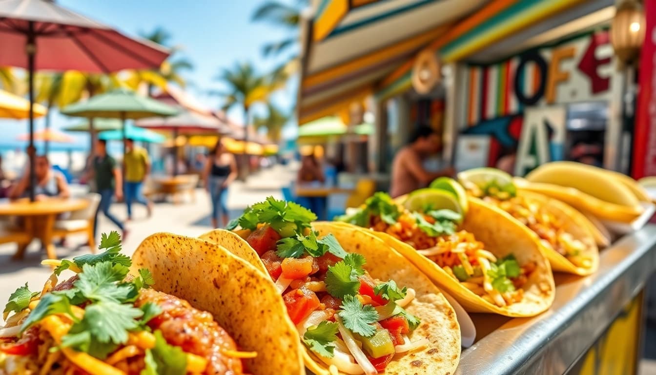 Indulge in the best tacos in Cabo, served fresh with vibrant ingredients at a lively food stall.