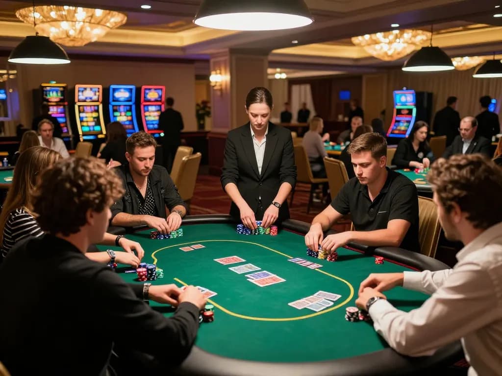 FAFA 828 players engaged in an intense poker tournament at a luxurious casino table.