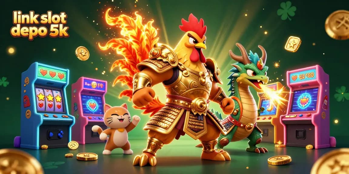 Engage with link slot depo 5k gameplay featuring a warrior rooster and dragon amidst vibrant casino-themed elements.