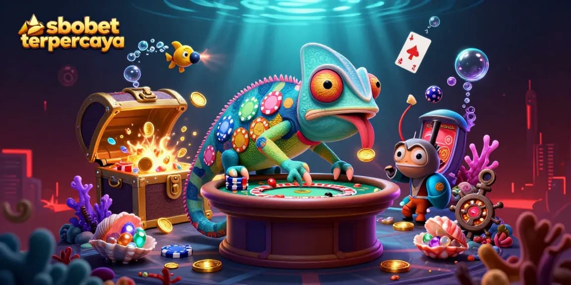 Experience sbobet terpercaya with a dynamic scene showcasing a chameleon casino owner amidst vibrant gaming elements.