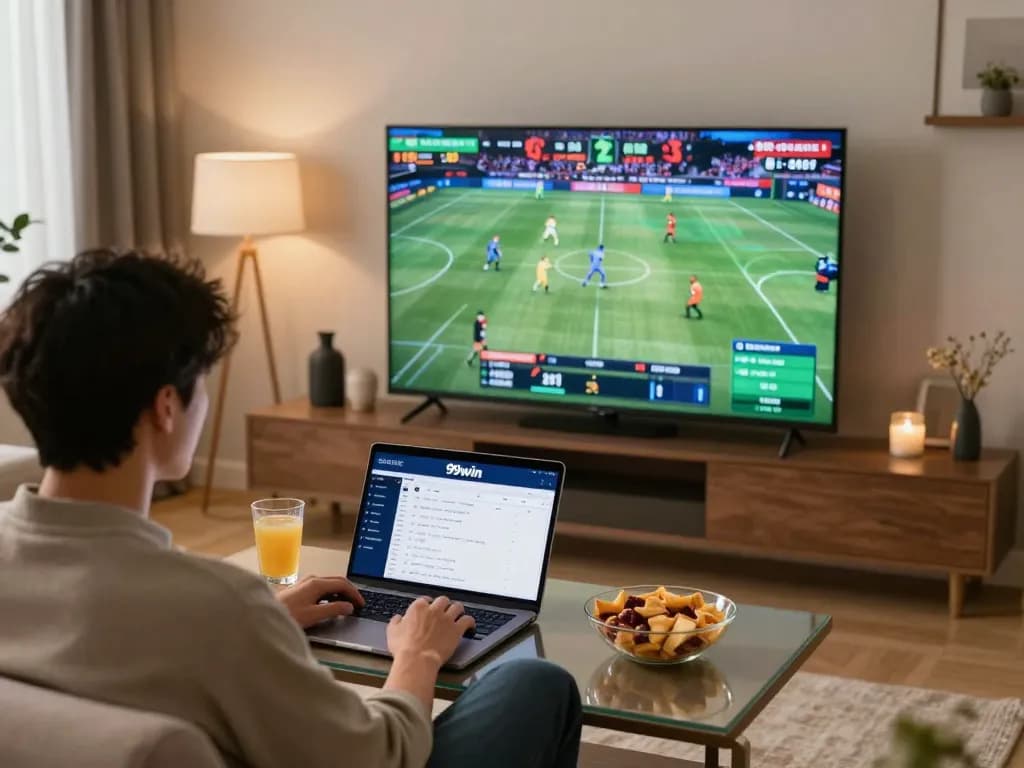 Engaged sports betting experience with 99win com app in a cozy home setting.