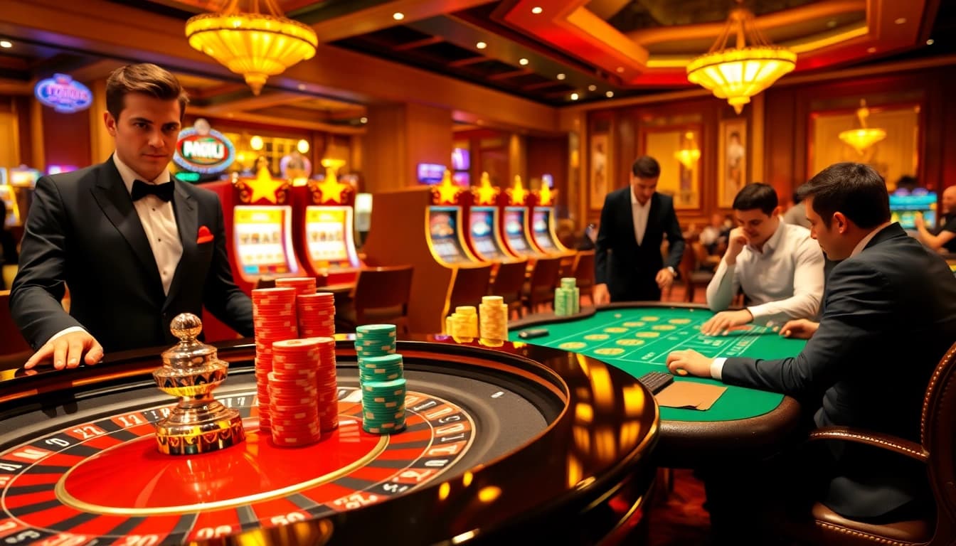 Vivez le frisson du meilleure casino en ligne avec une table de roulette luxueuse et des joueurs excités plaçant des paris.