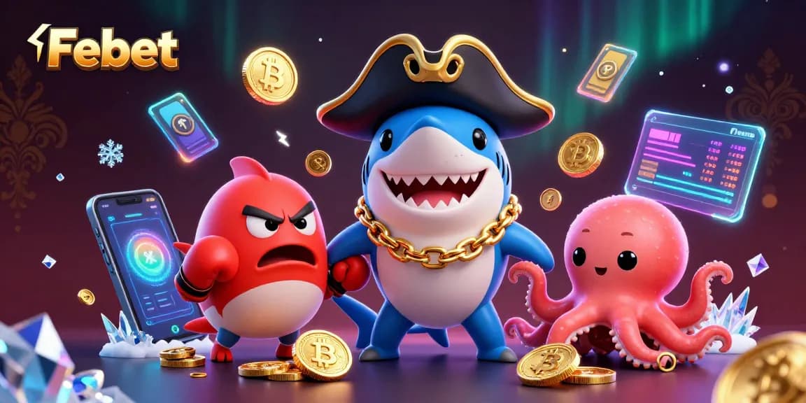 Engage with exciting games at Febet while navigating a vibrant casino scene filled with coins and unique characters.