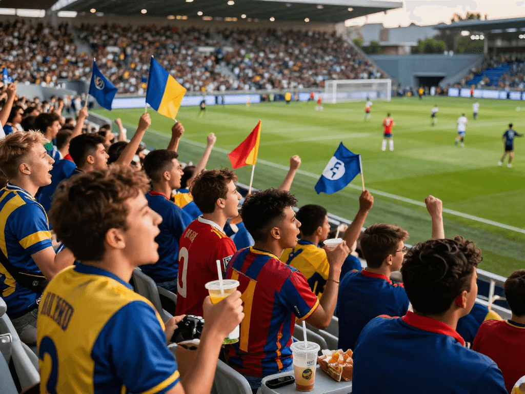 Fans beim Fußballwetten Vergleich in einem jubelnden Stadion voller Begeisterung.