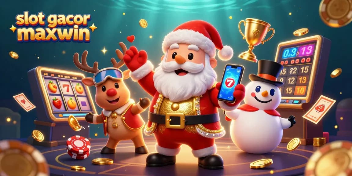 Engage with slot gacor maxwin in an exciting casino scene featuring festive characters.